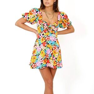 For Love & Lemons Mallory Mini Puff Sleeve Floral Dress S